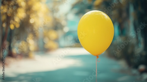 A single bright yellow balloon floats outdoors tethered by a thin string against a blurred natural background