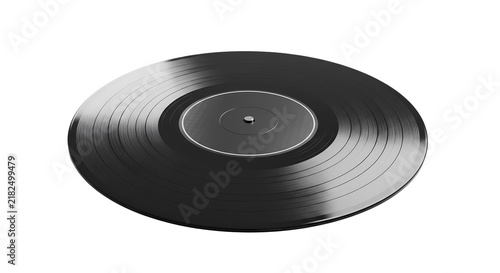 Classic black vinyl record LP disc isolated on a white background, angled view of vintage audio media