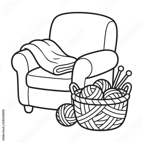 Cozy Armchair with Blanket and Knitting Basket Filled with Yarn Coloring Page for Kids Vector Illustration
