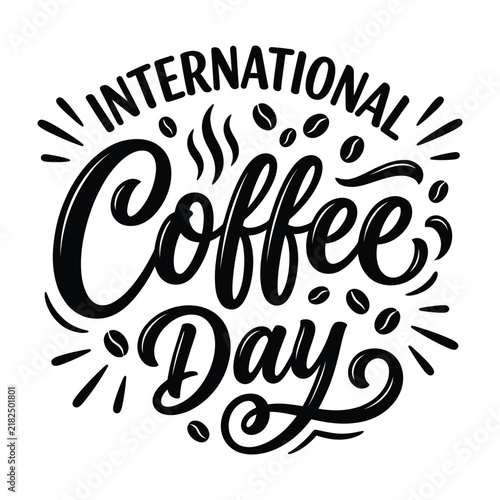 International Coffee Day lettering typography design with coffee beans isolated on transparent background