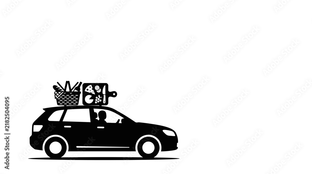 Fototapeta premium Black silhouette of car carrying picnic supplies on white background