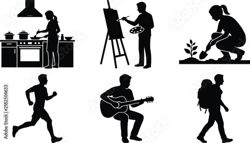 Bild auf Leinwand Black Lifestyle Silhouette Collection Featuring Cooking Painting Gardening Runni