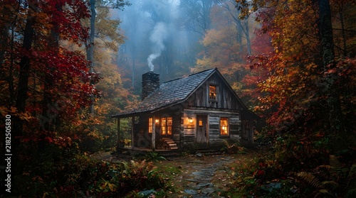 Cozy log cabin in a misty autumn forest