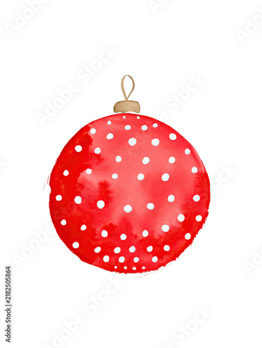 A red watercolor christmas bauble featuring white polka dots rests centered on a solid light backdrop.