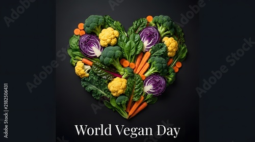 A heart shape made of fresh organic vegetables including broccoli carrots and cauliflower isolated on a black background for world vegan day celebration