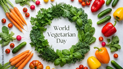 A festive wreath made of fresh green herbs surrounding the text world vegetarian day with colorful assorted vegetables on a white background