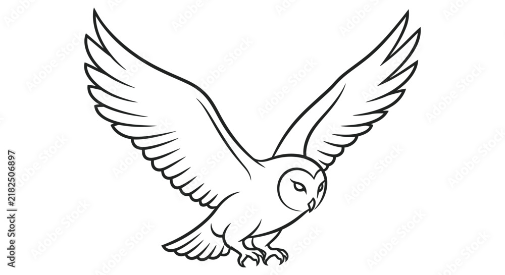 Obraz premium Barn owl silhouette in flight a black and white line drawing on a white background