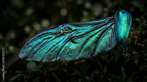 Macro shot of iridescent blue and green insect wing