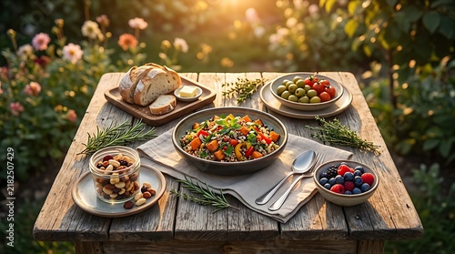 Healthy vegan meal served on a wooden table in a sunny garden