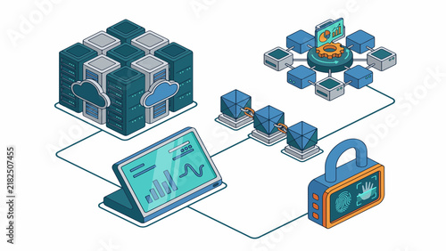 Plakat Server security cloud network connected on a clean white background represents data protection and digital information systems.