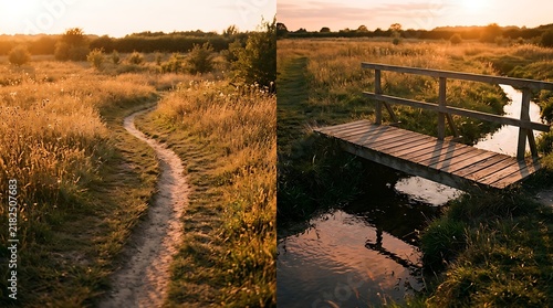 Golden sunset over rural path and wooden bridge in meadow