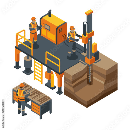 Sleek Isometric of Workers Operating Industrial Machinery and Handling Bricks in a Construction Site