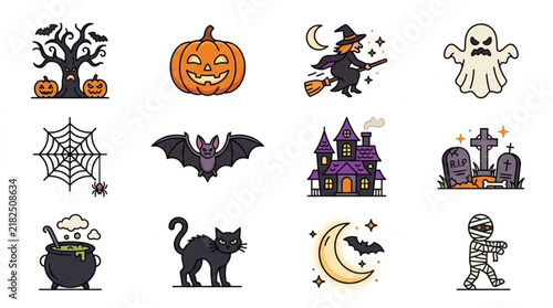Set of cute Halloween vector icons and illustrations with spooky characters and symbols.