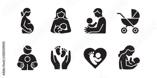 Pregnancy and early childhood icons set with mother nursing father playing and baby stroller.