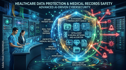 Healthcare Data Protection Medical Records Safety Advanced AI Cybersecurity.