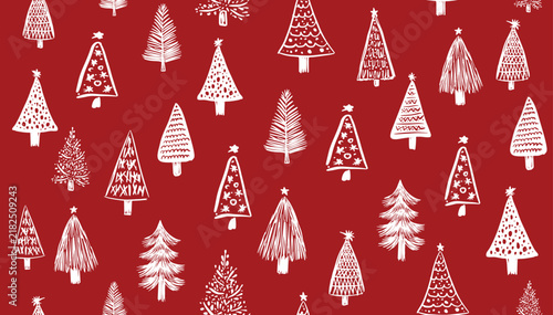 Christmas white tree pattern on red, hand drawn illustration	

