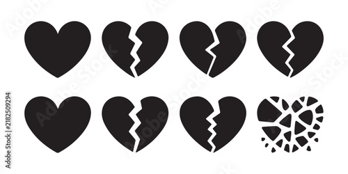 Black broken heart icon set features various stages of cracking and shattered pieces for design.