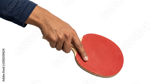 Фотография Table tennis paddle with a red rubber blade touched by a fingertip while the han