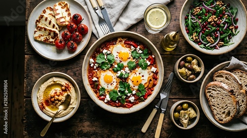 Mediterranean breakfast spread with shakshuka and hummus