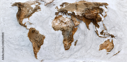 Equal Earth world map, topographic relief map, accurate landmass proportions, exaggerated terrain elevation and physical geography on a textured surface. Detailed 3D-style cartographic representation 