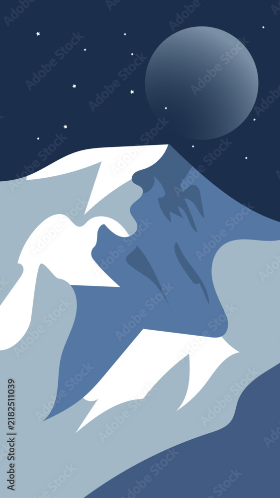 Obraz premium Blue Night Mountain Landscape with Full Moon and Stars Vector Illustration