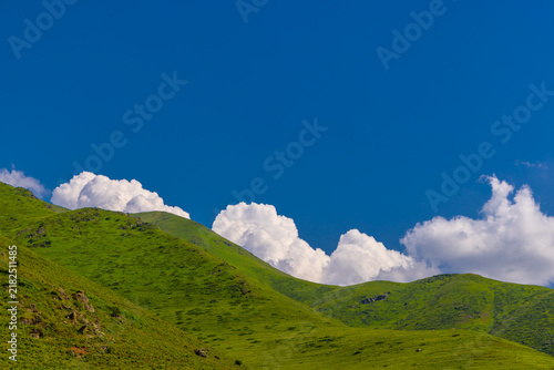 Rolling Green Hills Under a Bright Blue Sky with Cumulus Clouds