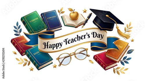 Happy teachers day greeting composition with books and graduation cap stacked books school supplies