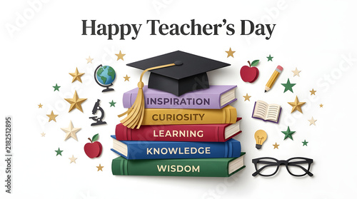 Happy teachers day composition with graduation cap and educational icons stacked books school supplies