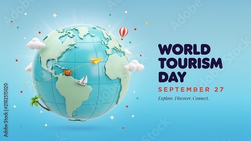 World tourism day illustration with globe and hot air balloon