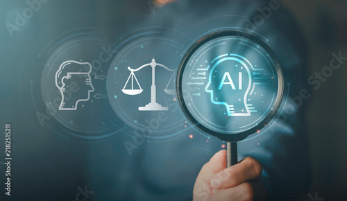 Obraz na plátně Digital artificial intelligence concept, law, ethics and justice with a magnifying glass