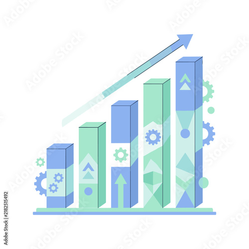 Financial growth bar chart illustration with upward arrow and gears symbolizing business success and progress