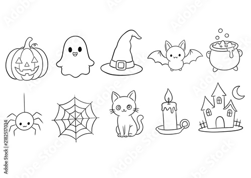 Cute Halloween Icons Collection Line Art Illustration
