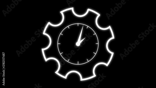 Obraz na płótnie White Neon Gear with Clock Face and Hand on Black Background time mechanism