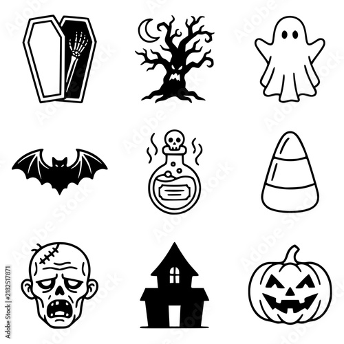 Halloween vector line art icon set featuring open coffin with skeleton hand, spooky tree, ghost, bat, poison bottle, candy corn, zombie head, haunted house, and jack o lantern