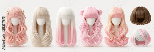 Obraz na płótnie Colorful wigs display, featuring diverse styles and textures for creative expression.