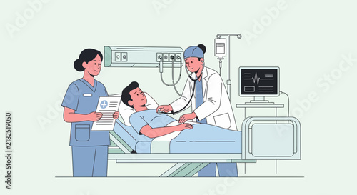Doctor, Nurse Caring for Patient in Hospital Bed, Medical Care Scene