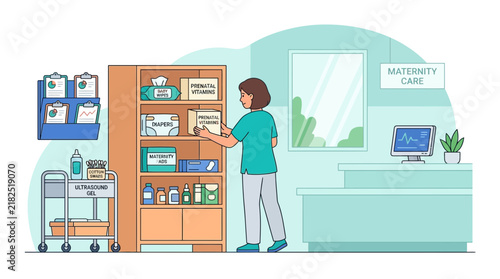 Healthcare worker organizing maternity ward supplies, medical cabinet
