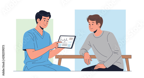 Doctor shows patient medical results on tablet, healthcare consultation