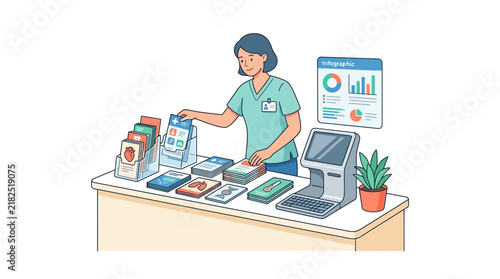 Healthcare worker organizing medical brochures at reception desk
