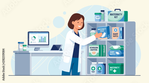 Healthcare worker organizing maternity and baby supplies in a medical cabinet