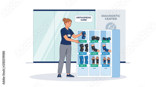 Healthcare worker organizing orthopedic braces at diagnostic center