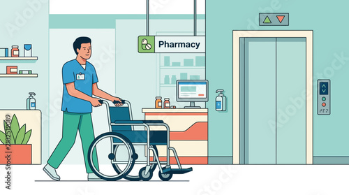 Healthcare worker pushes wheelchair in hospital pharmacy