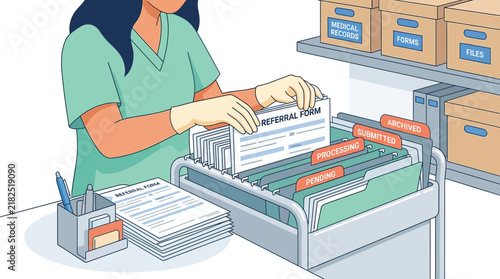 Healthcare worker organizing medical records and referral forms in an office.