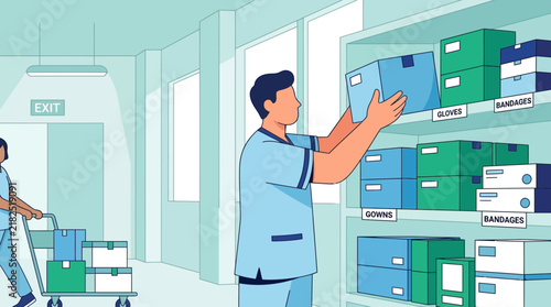 Healthcare worker stocking shelves with medical supplies, isolated