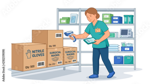 Healthcare worker scanning medical supplies in storage with barcode scanner