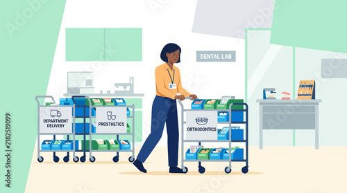 Healthcare worker pushing cart with medical supplies in clinic