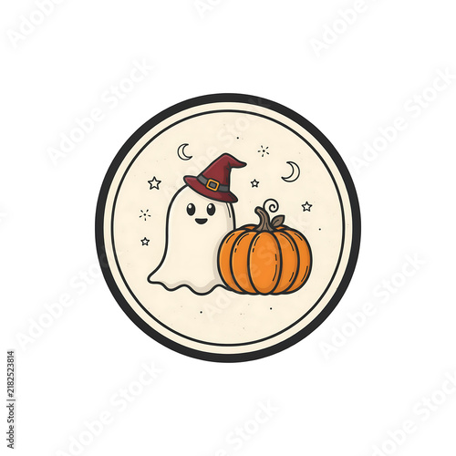Cute ghost wearing a witch hat standing next to an orange pumpkin isolated on a transparent background