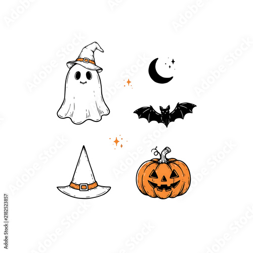 Cute ghost wearing a witch hat, pumpkin, bat, and crescent moon isolated on a transparent background
