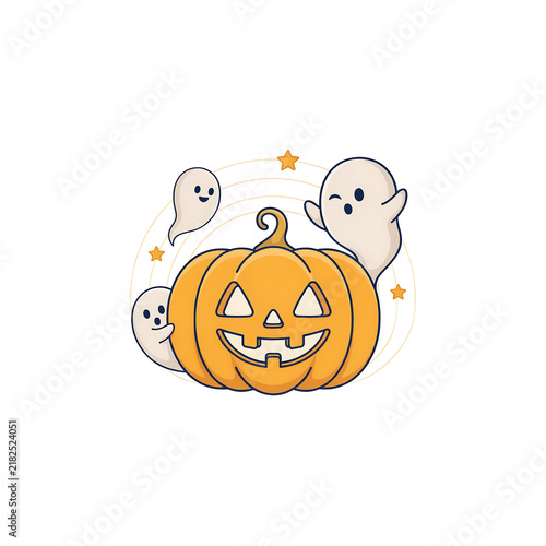 Cute ghosts and a carved jack-o-lantern pumpkin for halloween isolated on a transparent background