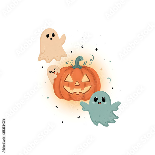 Cute ghosts and a glowing jack o lantern for halloween isolated on a transparent background